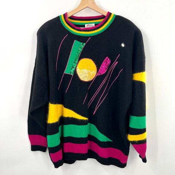 Vintage Hauber 80s 90s sweater virgin wool angora sequin Memphis design y2k 16 - Picture 3 of 13